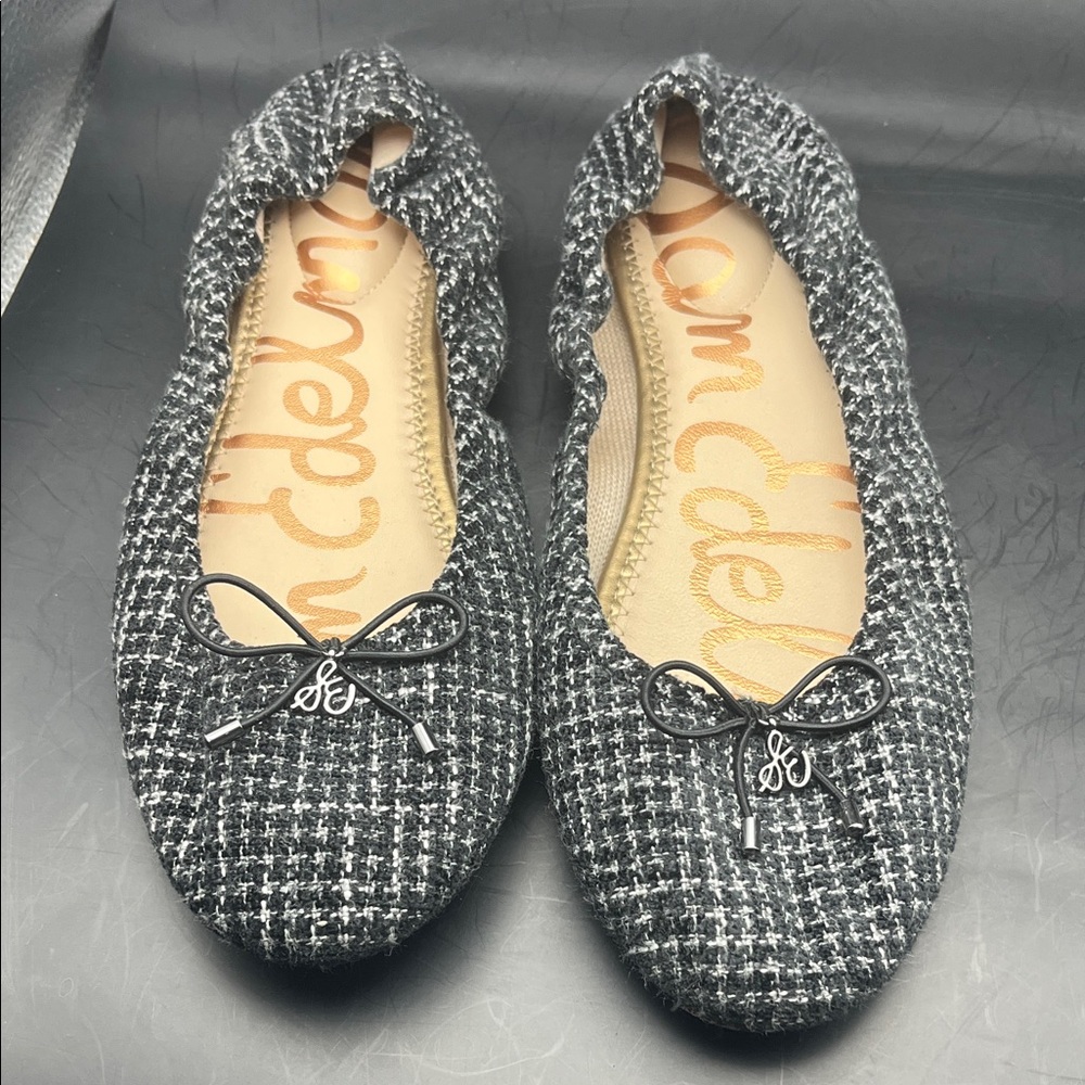 SZ 8 Sam Edelman Black Tweed Ballet Flats with Bow Women's Felicia boucle fabric